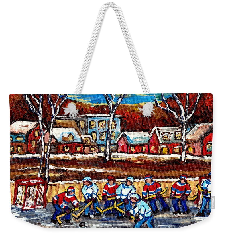 Hockey Weekender Tote Bag featuring the painting Canadian Village Scene Outdoor Hockey Rink Handpainted Original Art For Sale C Spandau Winter Scenes by Carole Spandau
