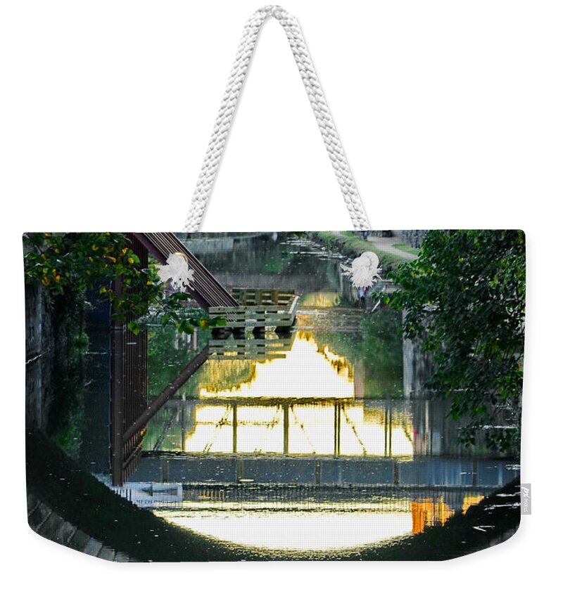 C&o Canal Weekender Tote Bag featuring the photograph Canal Reflections at Day's End - A Georgetown Impression by Steve Ember