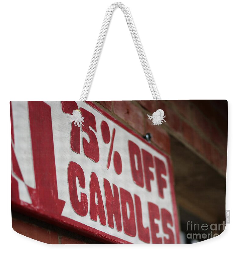 Oddity Weekender Tote Bag featuring the photograph Candle Sale Sign in Solvang CA by Colleen Cornelius