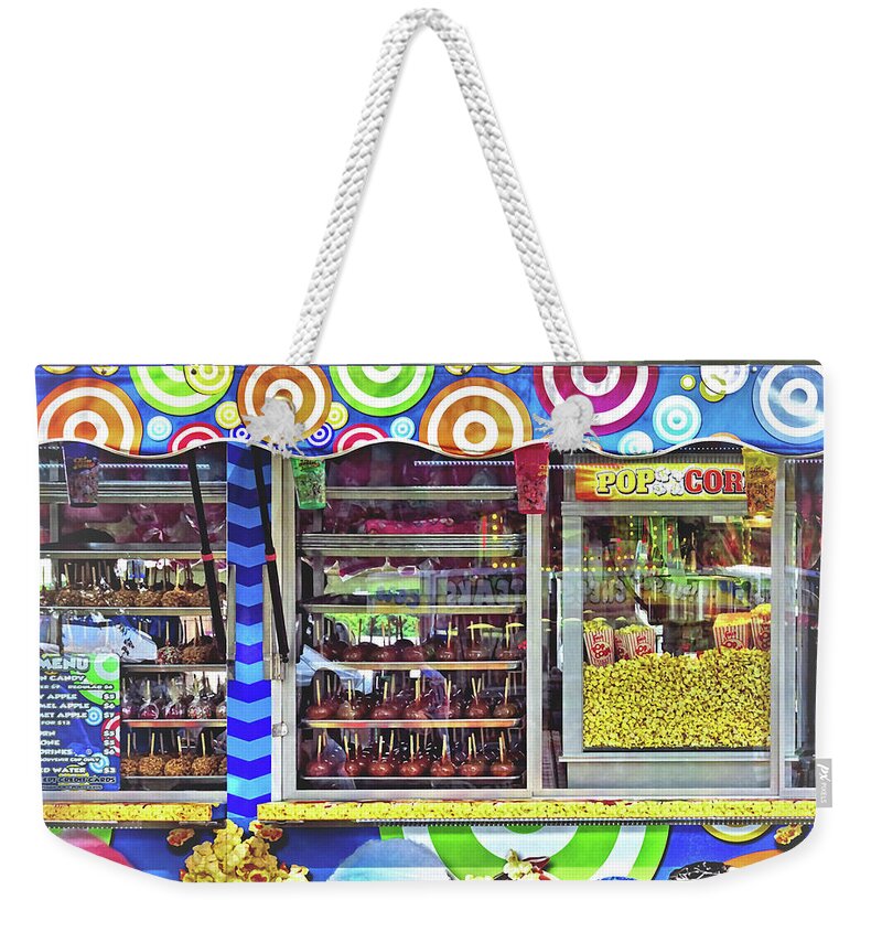 Fair Weekender Tote Bag featuring the photograph Candy Apples and Popcorn For Sale by Susan Savad
