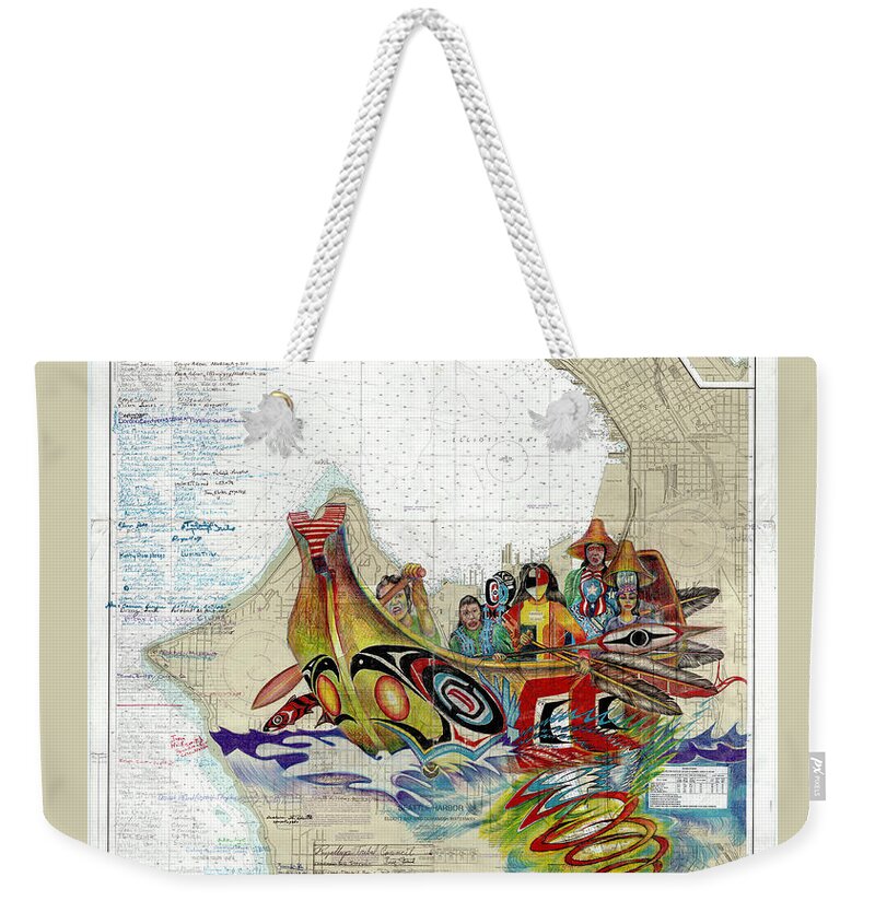 Canoe Journey Weekender Tote Bag featuring the drawing Canoe Journey Seattle by Running Fisher