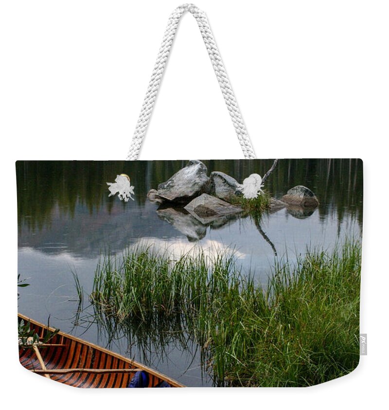 Canoe Weekender Tote Bag featuring the photograph Canoe on Lake Mary, Mammoth Lakes. California by Bonnie Colgan