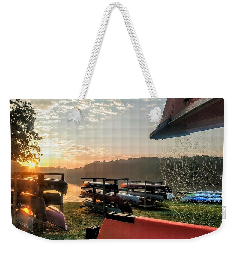  Weekender Tote Bag featuring the photograph Canoes and Spiders at Dawn by Brad Nellis