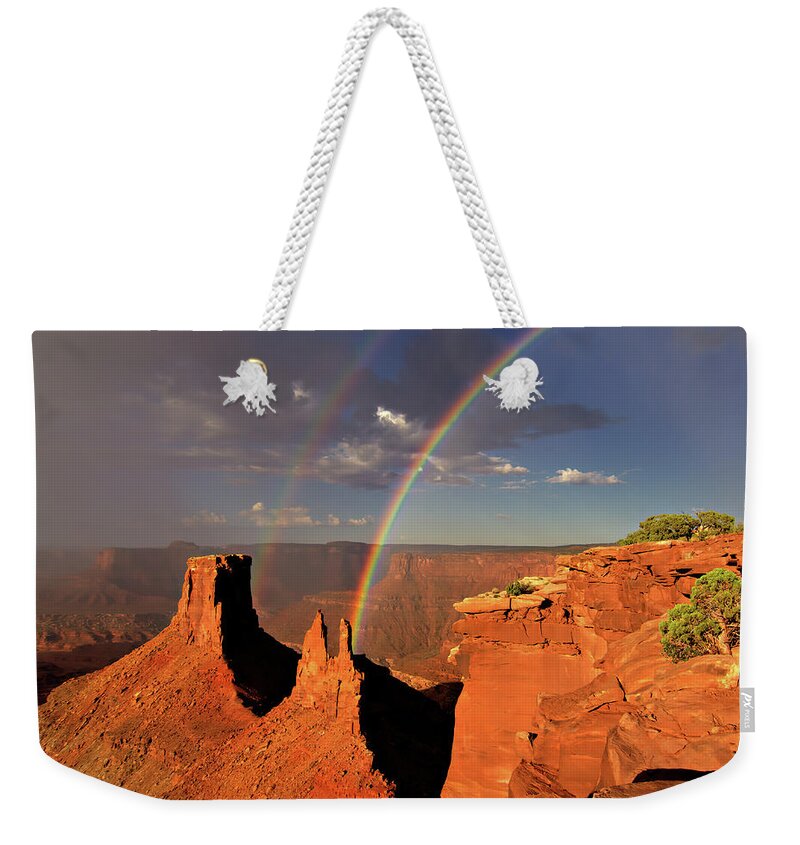 Utah Weekender Tote Bag featuring the photograph Canyonlands Double Rainbow by Bob Falcone