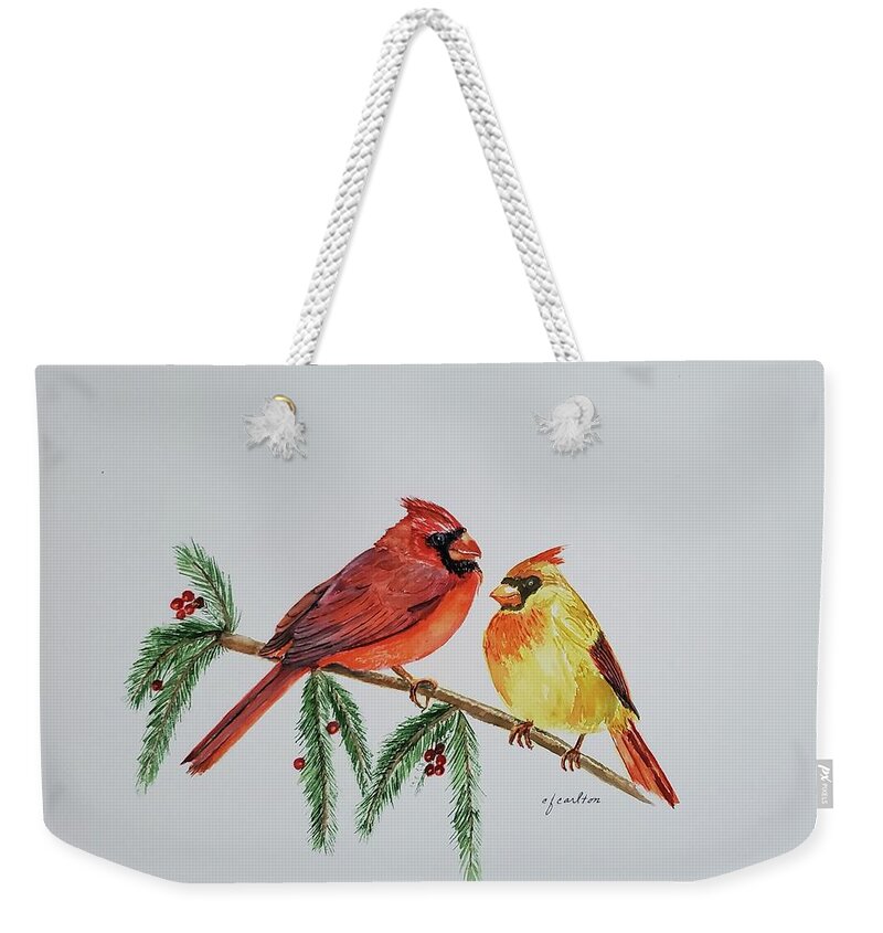 Cardinals Weekender Tote Bag featuring the painting Cardinal Couple by Claudette Carlton