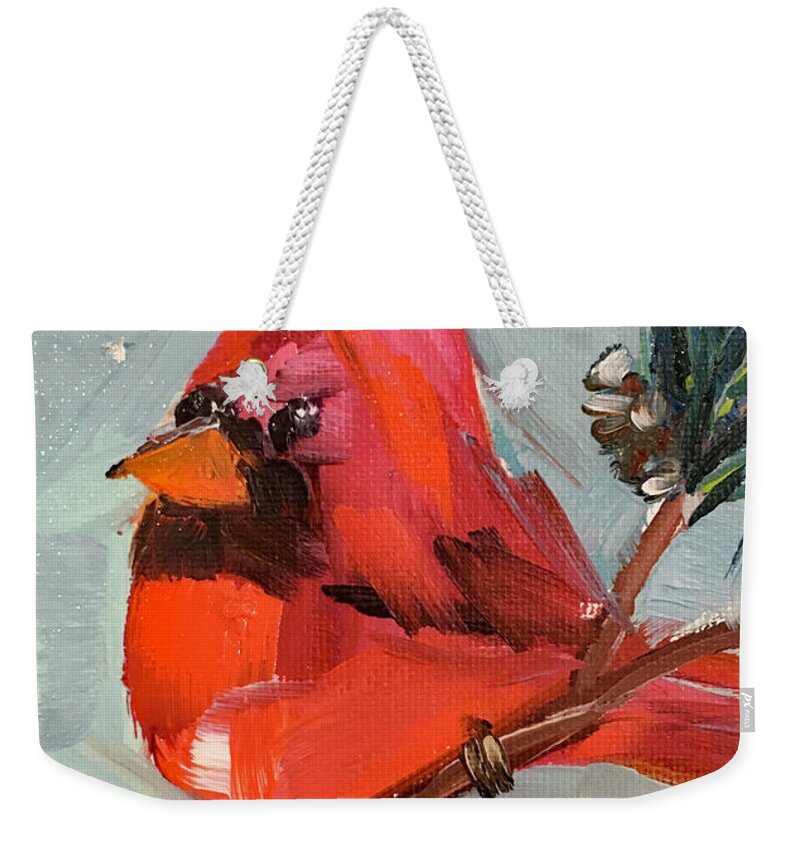 Cardinal Weekender Tote Bag featuring the painting Cardinal in a Fir Tree by Roxy Rich