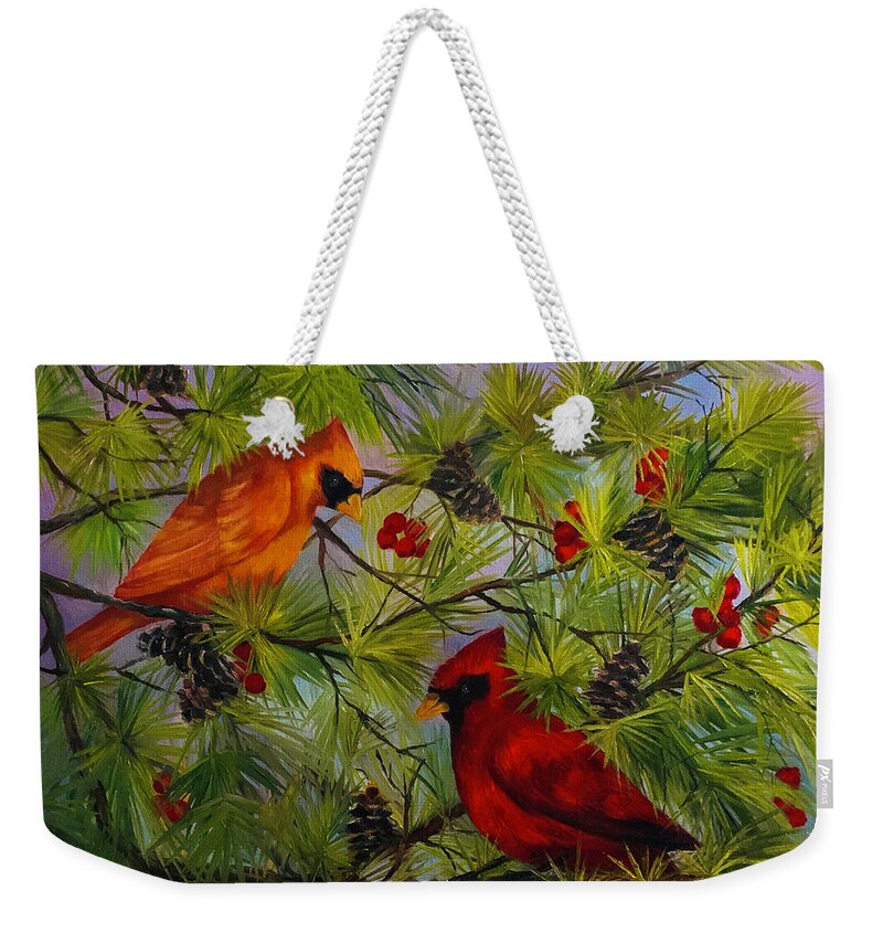 Birds Weekender Tote Bag featuring the painting Cardinal Mates in a Pine Tree by Barbara Landry