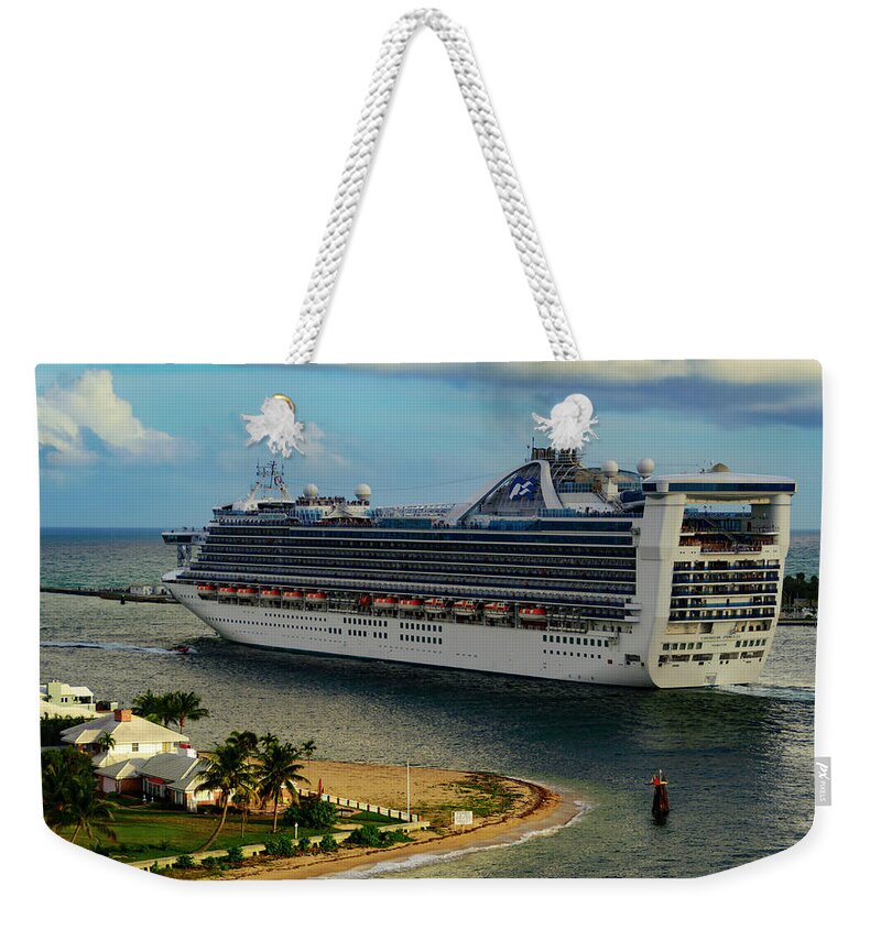 Cruise Ship; Skies; Clouds; Water; Landscape; Color; Travel Weekender Tote Bag featuring the photograph Caribbean Princess #1 by AE Jones