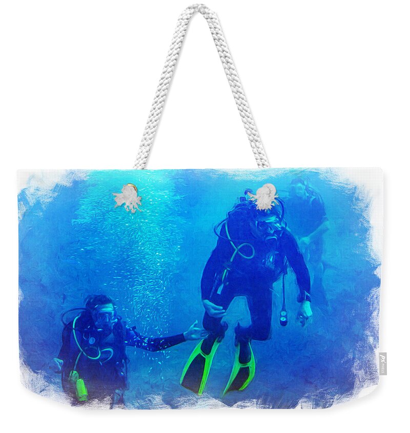 Caribbean Sea Weekender Tote Bag featuring the photograph Caribbean Sea Divers Cozumel, Mexico by Tatiana Travelways