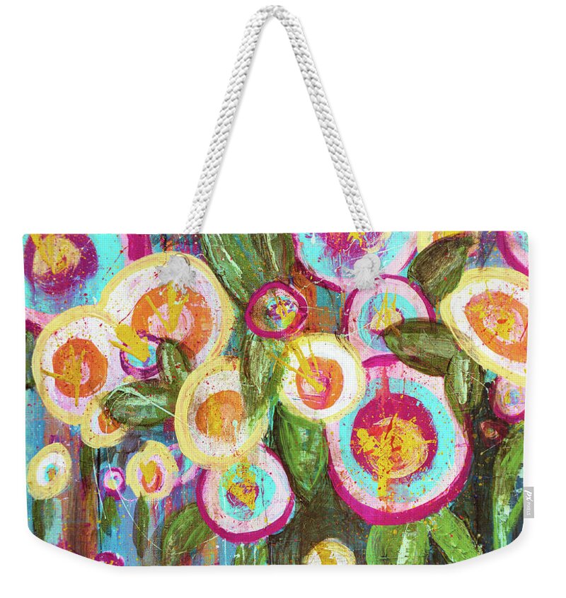 Carnation Weekender Tote Bag featuring the painting Carnations and Roses Abstract Teal Bouquet by Joanne Herrmann
