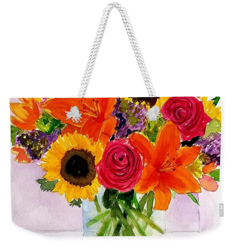 Daylilies Weekender Tote Bag featuring the painting Carols Vase by Ann Frederick