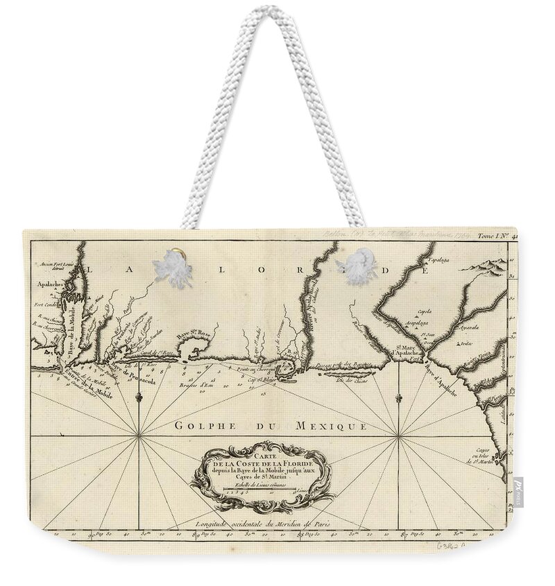 Map Weekender Tote Bag featuring the painting Carte de la coste de la Floride depuis la baye de la Mobile jusqu' aux cayes de St. Martin. LOC 7469 by MotionAge Designs