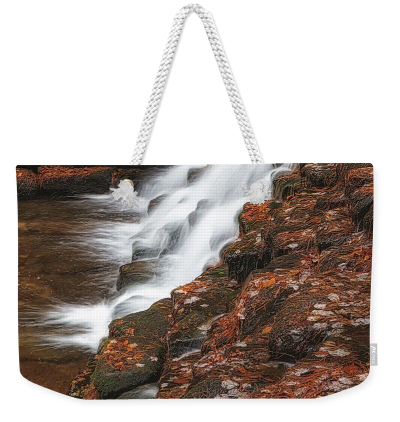 Waterfall Weekender Tote Bag featuring the photograph Cascade And Fall Foliage by Susan Candelario