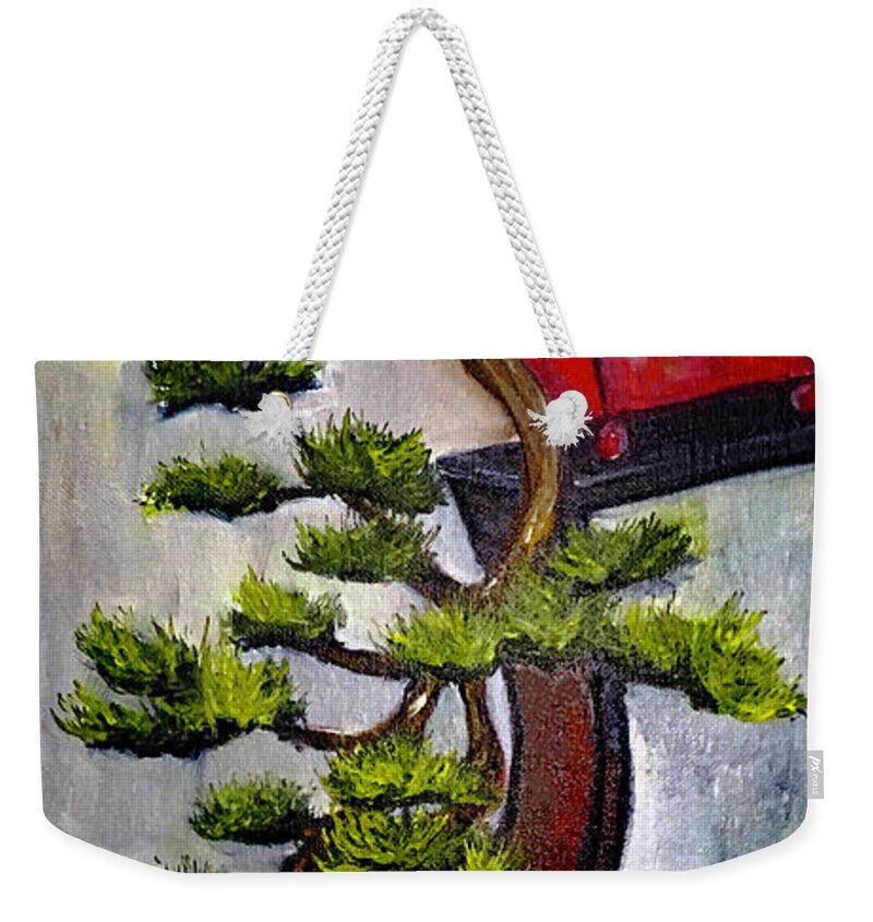 Bonsai Tree Weekender Tote Bag featuring the painting Cascading Bonsai on a Modern Stand by Roxy Rich
