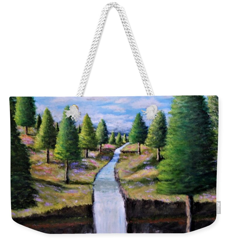 Landscape Weekender Tote Bag featuring the painting Cascading River by Gregory Dorosh