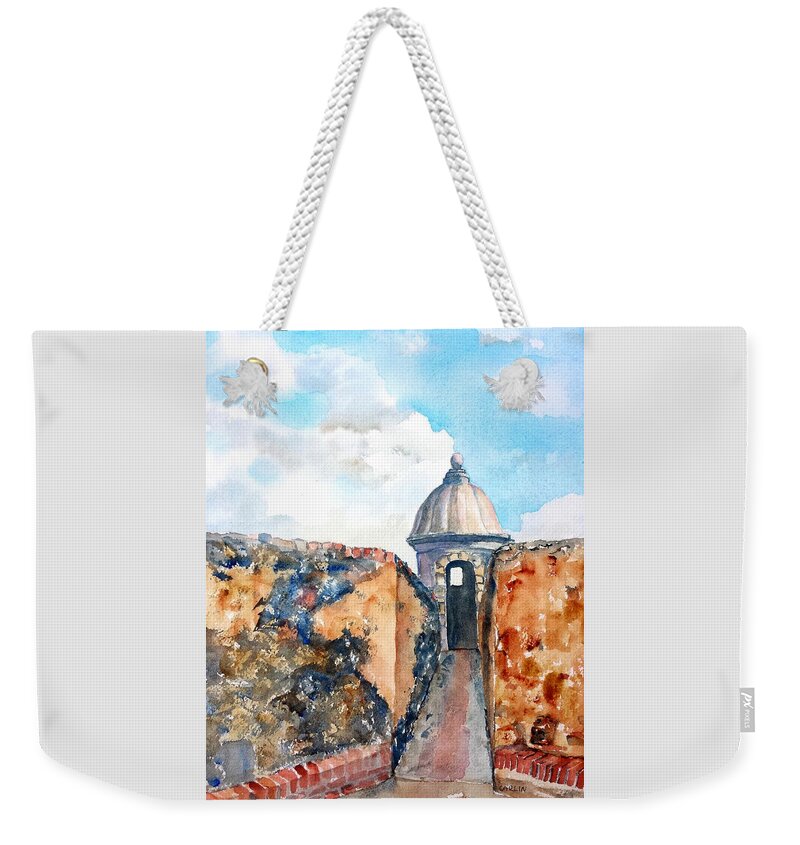 Puerto Rico Weekender Tote Bag featuring the painting Castillo de San Cristobal Sentry Door by Carlin Blahnik CarlinArtWatercolor