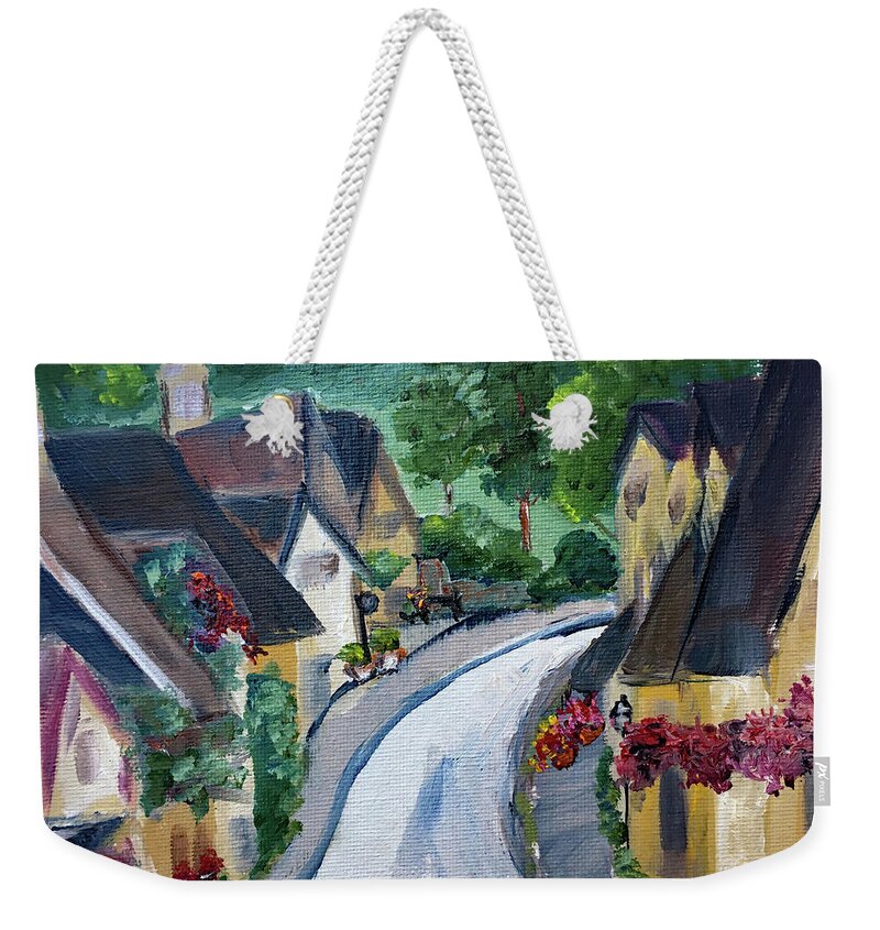 Castle Combe Weekender Tote Bag featuring the painting Castle Combe view from Town Square by Roxy Rich