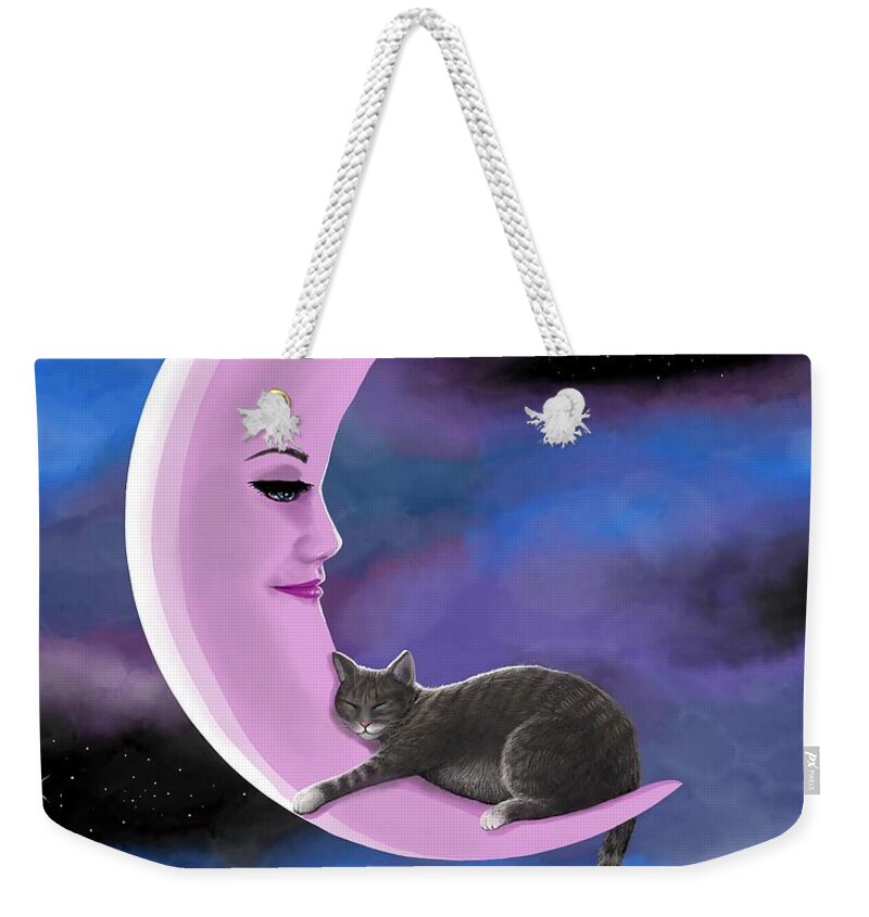 Cat Weekender Tote Bag featuring the digital art Cat 661 Pink Moon by Lucie Dumas