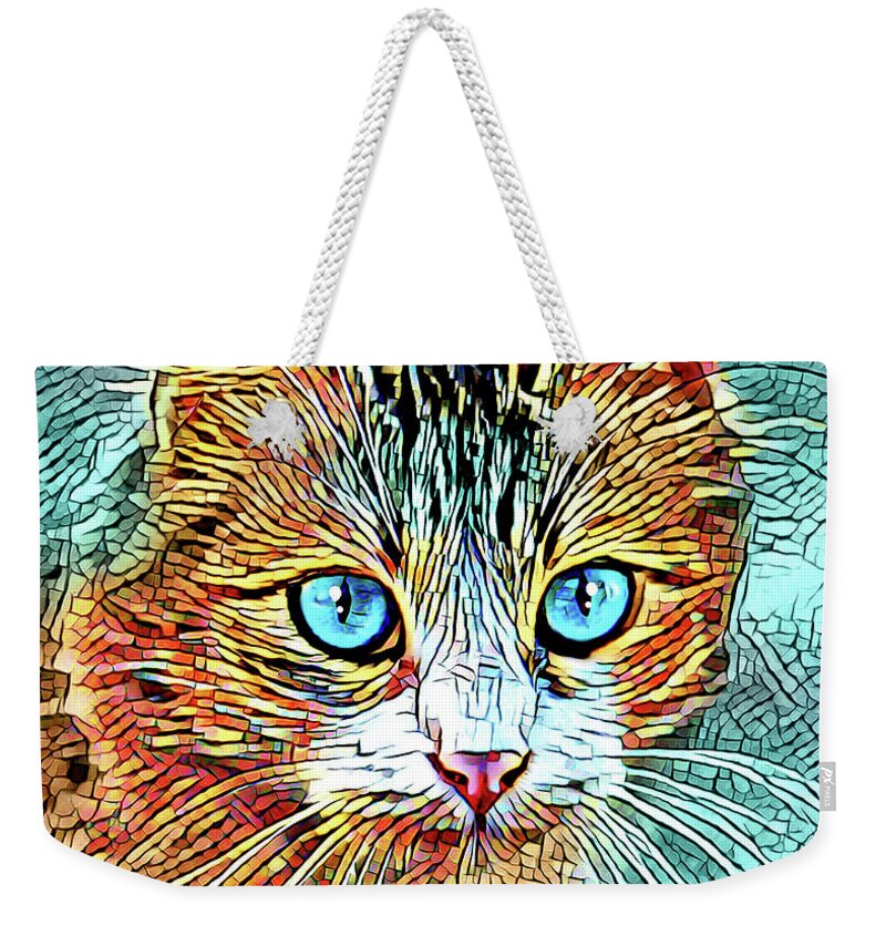 Cat Weekender Tote Bag featuring the digital art Cat 685 Turquoise Orange by Lucie Dumas