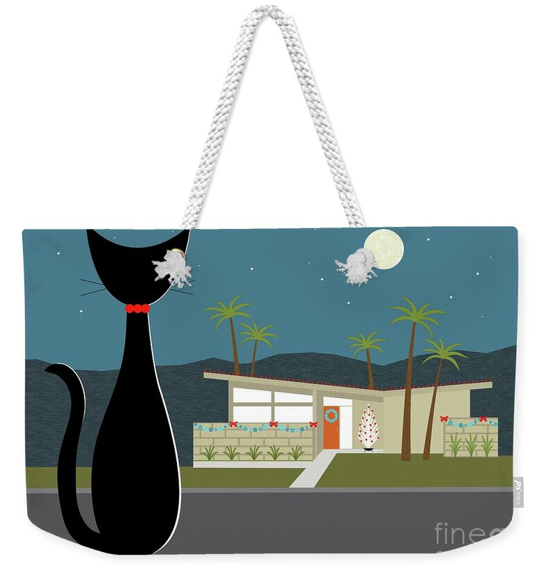 Mid Century House Weekender Tote Bag featuring the digital art Cat Admires Christmas Decorations by Donna Mibus