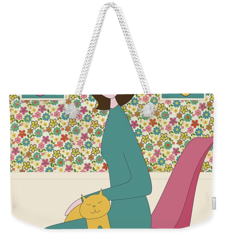 Mid Century Cat Weekender Tote Bag featuring the digital art Cat Cozy on Lap by Donna Mibus