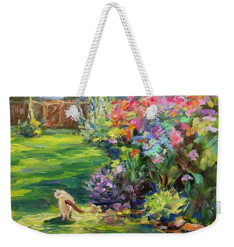 Cat Weekender Tote Bag featuring the painting Cat in the Garden by Madeleine Shulman