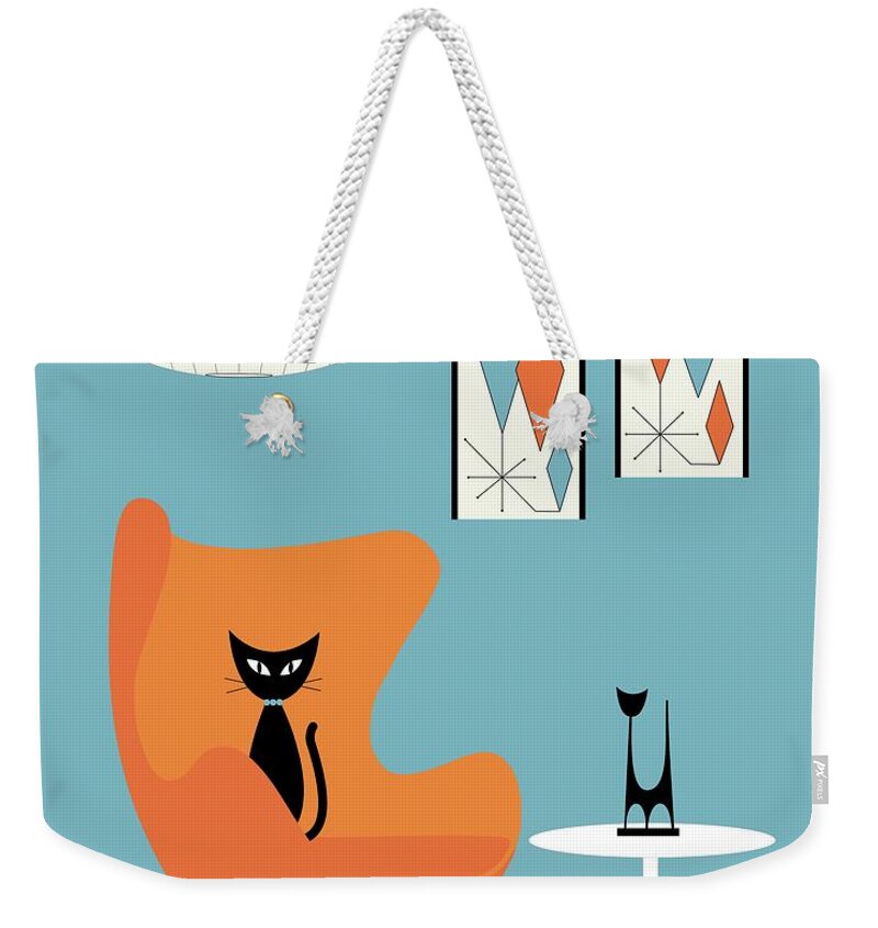 Mid Century Modern Weekender Tote Bag featuring the digital art Cat in Turquoise Room by Donna Mibus