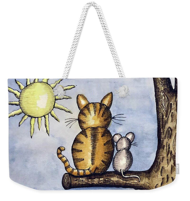 Childrens Art Weekender Tote Bag featuring the painting Cat Mouse Sun by Christina Wedberg