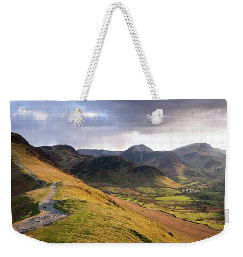 Panorama Weekender Tote Bag featuring the photograph Catbells Hiking trail in the Lake District England by Sonny Ryse