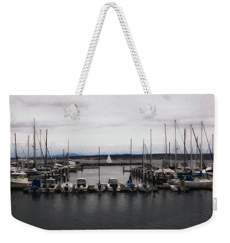 Monterey Harbor Weekender Tote Bag featuring the mixed media Catching the Wind by Kandy Hurley