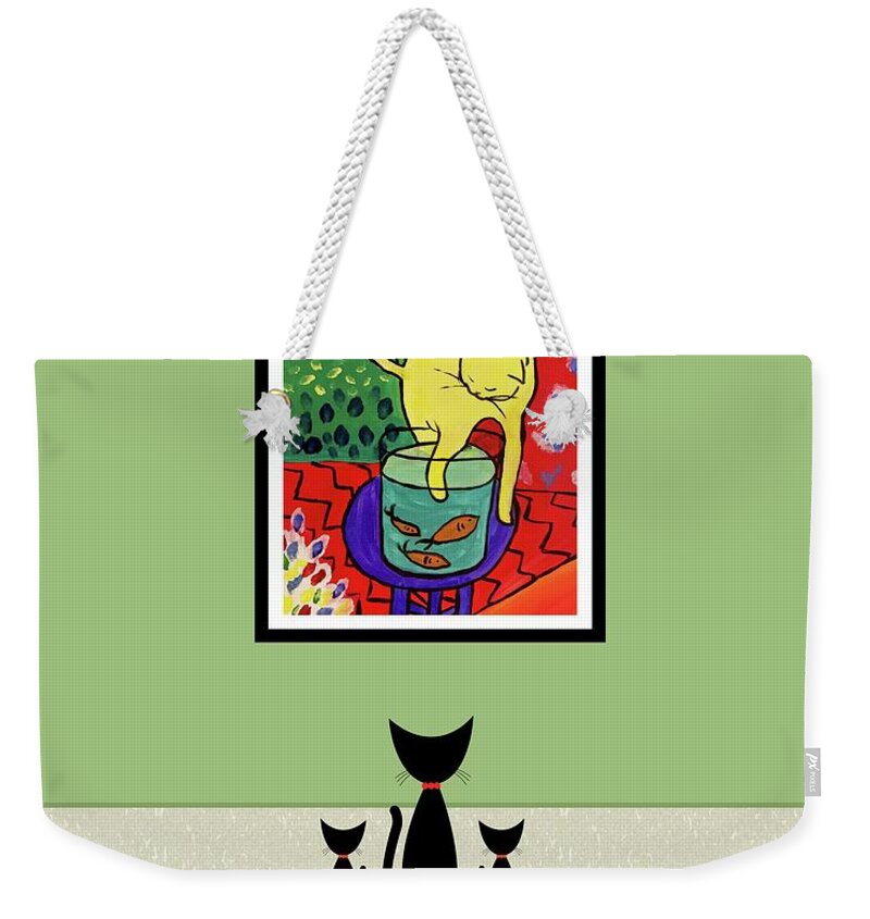 Mid Century Cat Weekender Tote Bag featuring the digital art Cats Admire Matisse Fish Painting by Donna Mibus