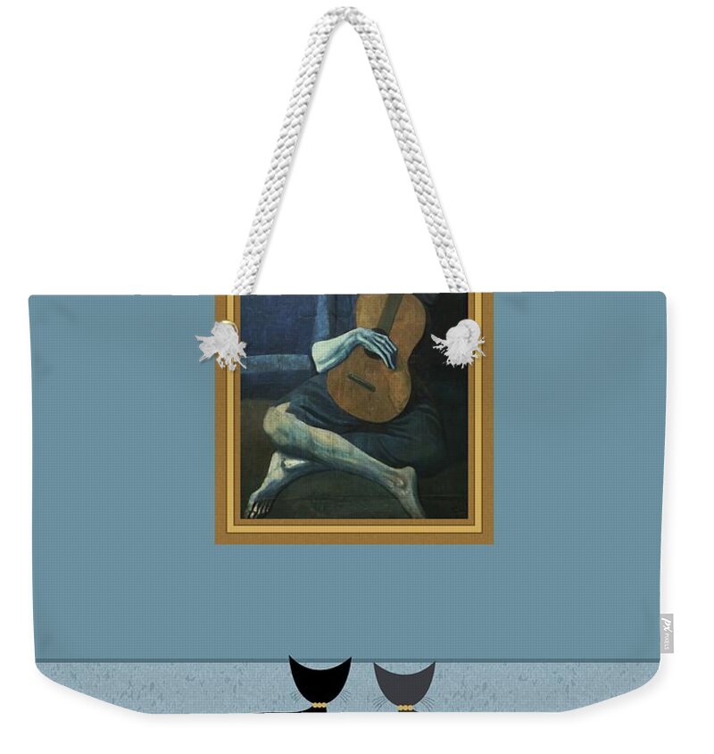 Black Cat Weekender Tote Bag featuring the digital art Cats Admire Picasso Old Guitarist by Donna Mibus