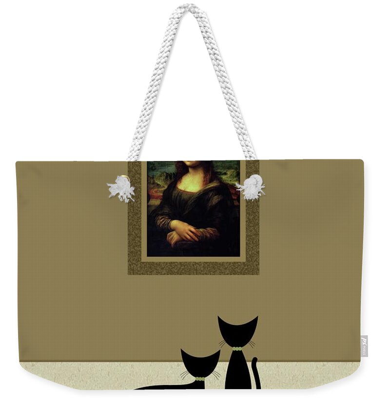Cats Visit Art Museum Weekender Tote Bag featuring the digital art Cats Admire the Mona Lisa by Donna Mibus