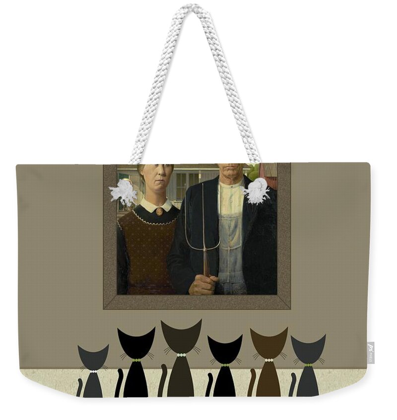 Grant Wood Weekender Tote Bag featuring the digital art Cats Contemplate American Gothic by Donna Mibus