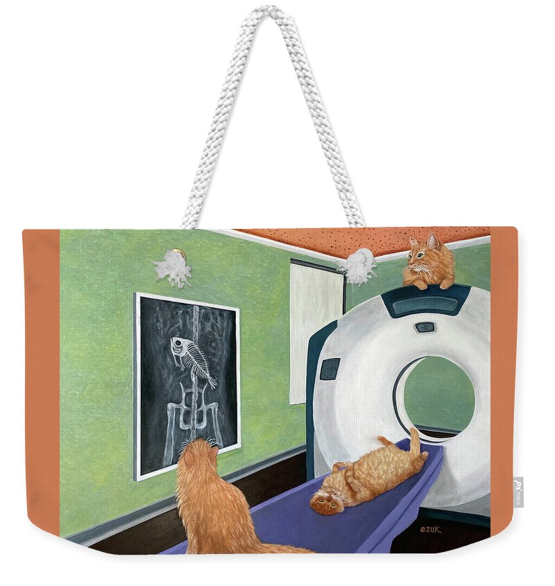Cat Art Weekender Tote Bag featuring the painting CAT Scan by Karen Zuk Rosenblatt