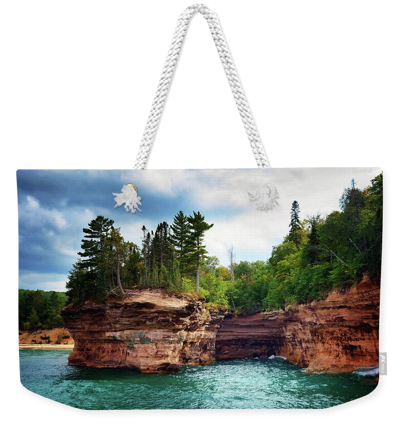 Landscape Weekender Tote Bag featuring the photograph Cave - Pictured Rocks National Lakeshore by Nikolyn McDonald