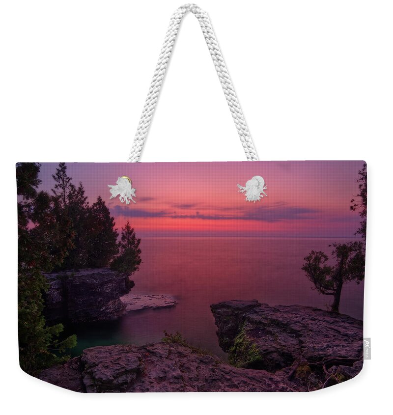 Cave Point Weekender Tote Bag featuring the photograph Cave Point Calm - Cave Point County Park in Door County WI by Peter Herman