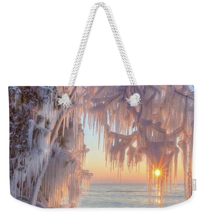 Door County Weekender Tote Bag featuring the photograph Cave point Ice by Paul Schultz