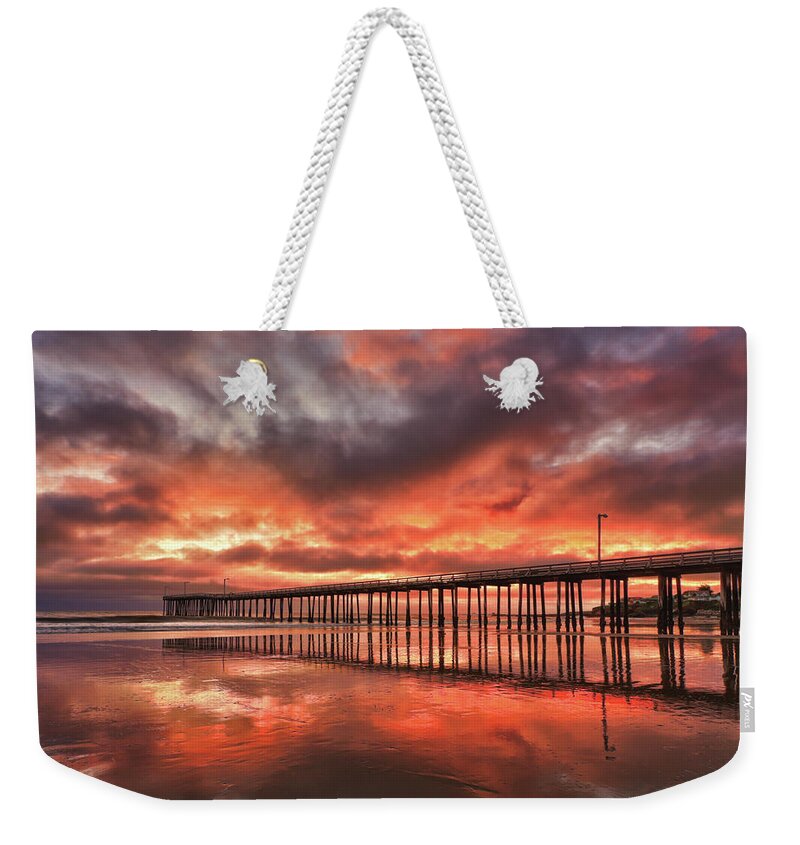 Morro Bay Weekender Tote Bag featuring the photograph Cayucos Pier on Fire by Beth Sargent