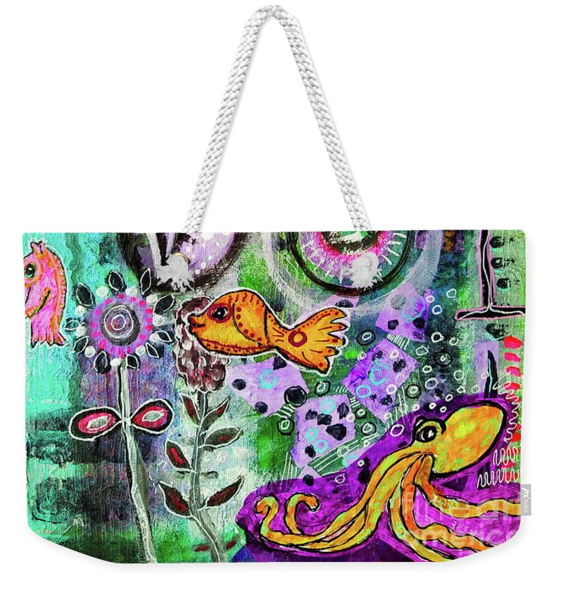 Deep Sea Weekender Tote Bag featuring the mixed media Cedric Octopus Sitting in a Cloud of Deep Violet Ink by Mimulux Patricia No