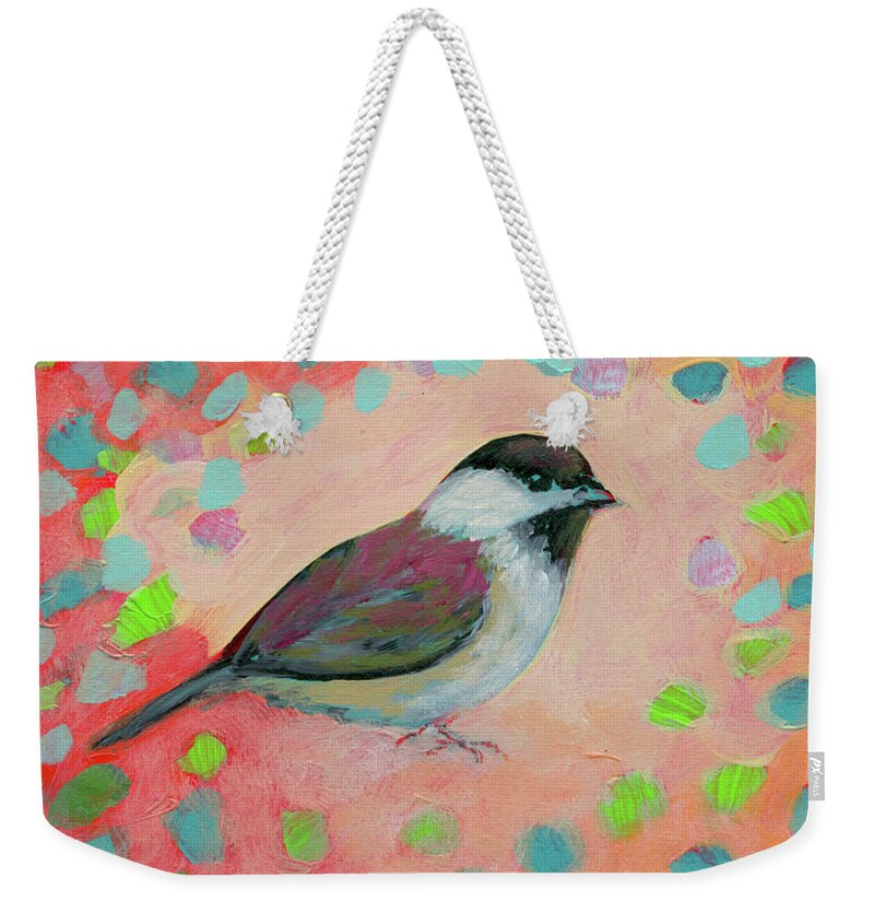 Chickadee Weekender Tote Bag featuring the painting Celebrating Chickadee by Jennifer Lommers