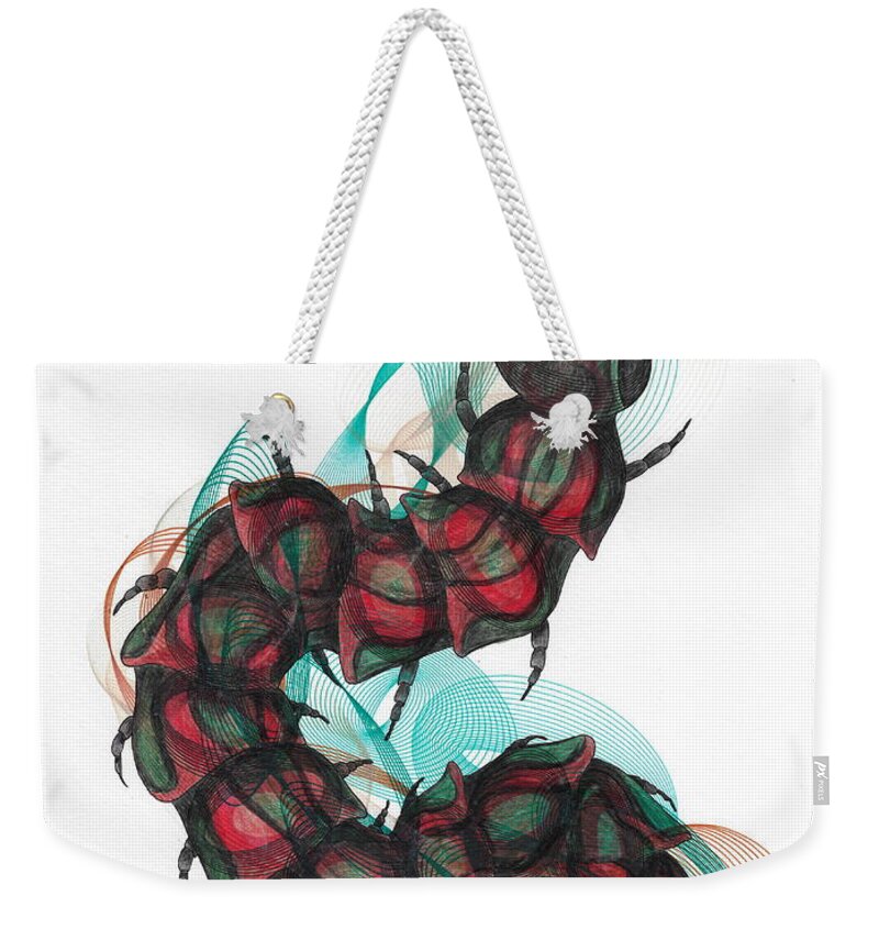 Centipede Weekender Tote Bag featuring the mixed media Centipede by Teresamarie Yawn