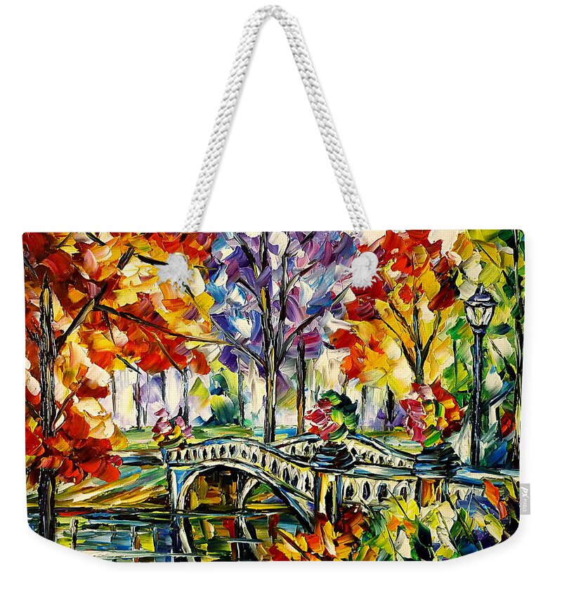 Colorful Cityscape Weekender Tote Bag featuring the painting Central Park, Bow Bridge by Mirek Kuzniar