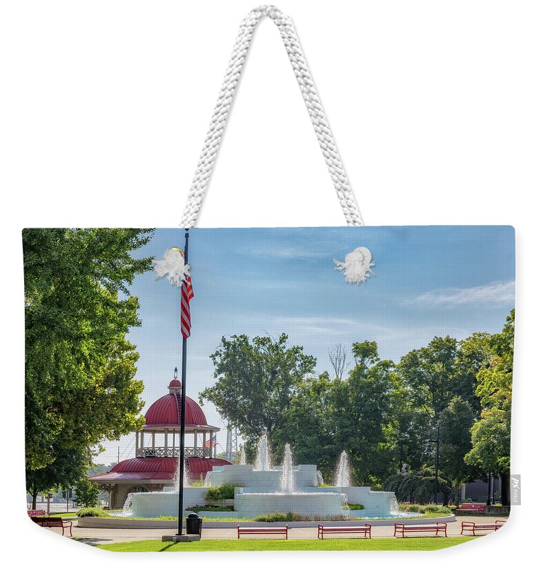 Central Park Weekender Tote Bag featuring the photograph Central Park Fountain - Decatur, Illinois by Susan Rissi Tregoning