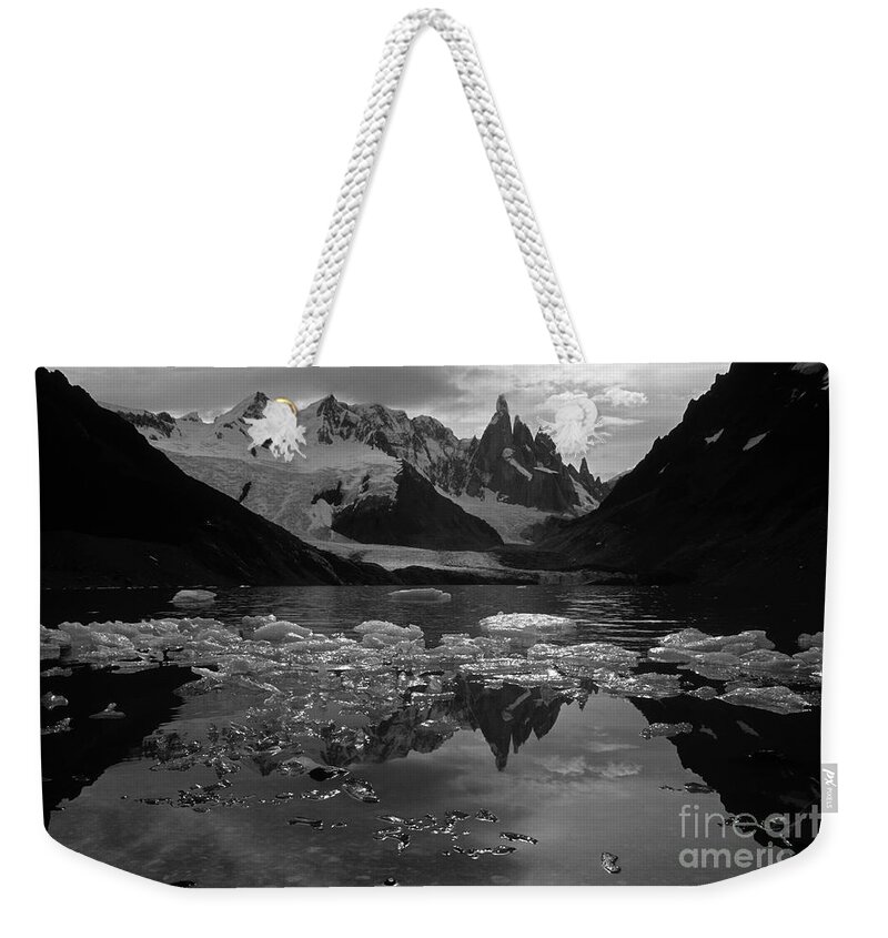 Patagonia Weekender Tote Bag featuring the photograph Cerro Torre black and white Patagonia Argentina by James Brunker