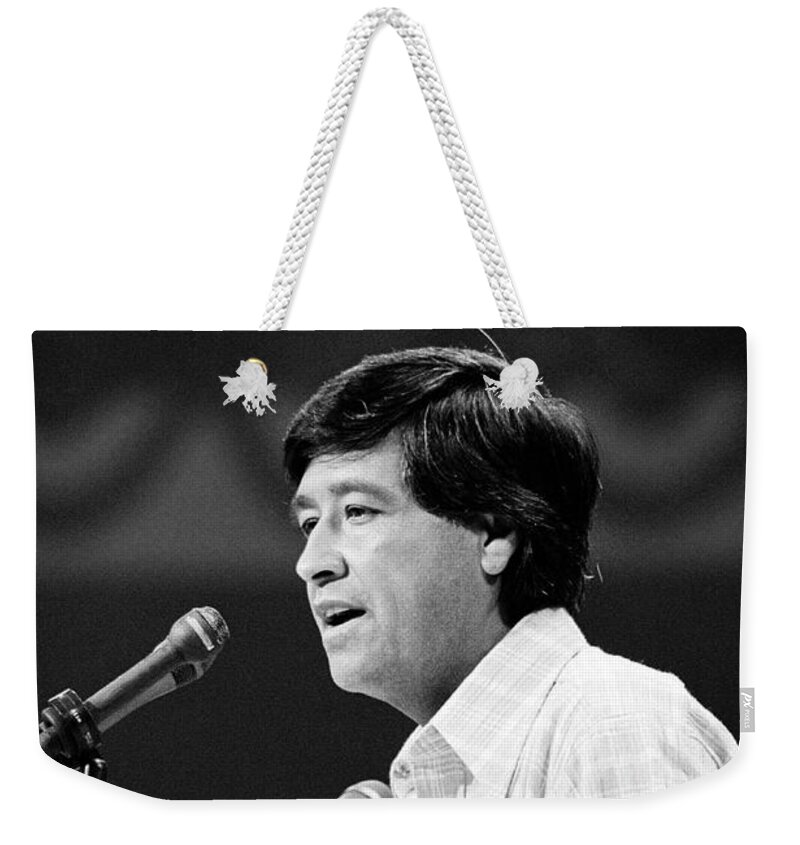 Cesar Chavez Weekender Tote Bag featuring the photograph Cesar Chavez Speaking At The DNC - NYC 1976 by War Is Hell Store