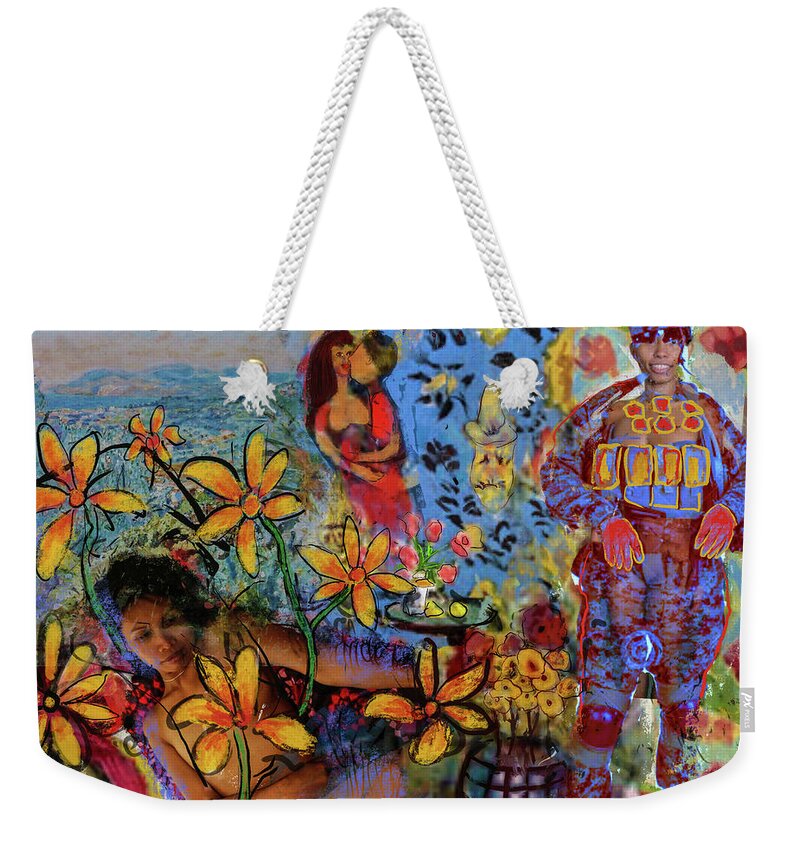 *db Weekender Tote Bag featuring the painting Chagall, Bonnard, a naked lady, flowers and a soldier digital pa by Jeremy Holton
