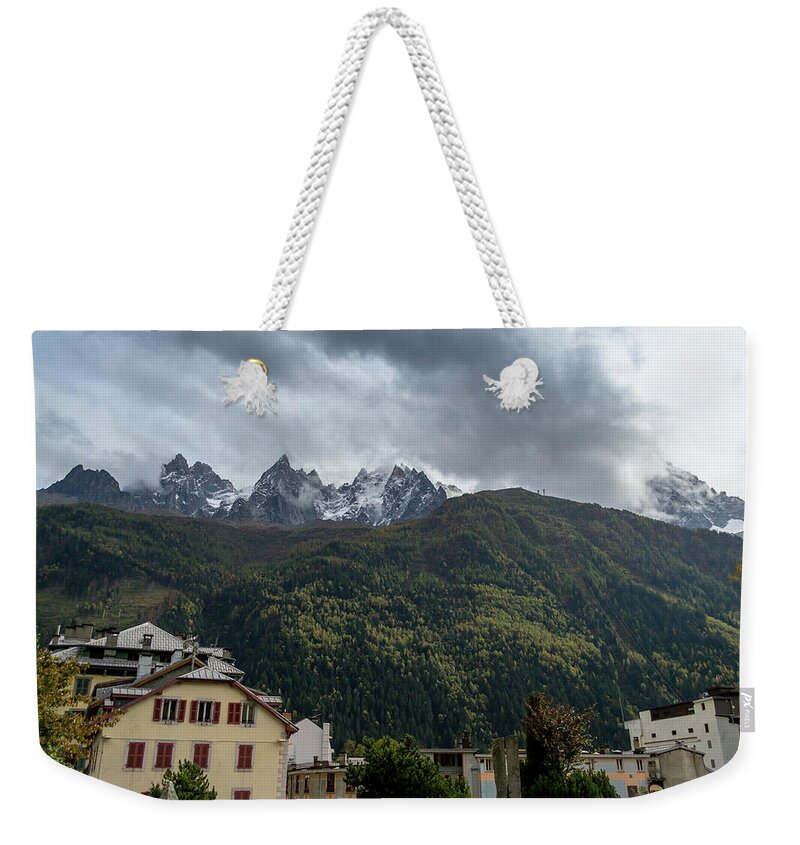 France Weekender Tote Bag featuring the photograph Chamonix looking up to Mont Blanc by Andrew Lalchan