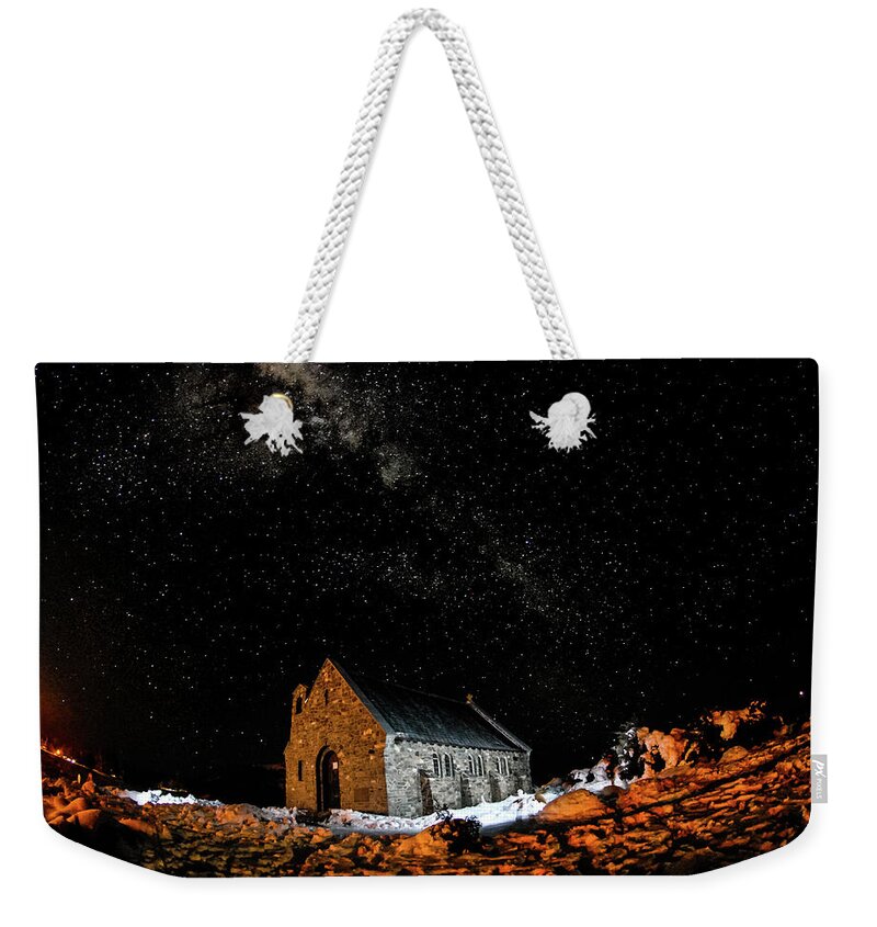 Milky Way Weekender Tote Bag featuring the photograph Chapel - Church of Good Shepherd, South Island, New Zealand by Earth And Spirit