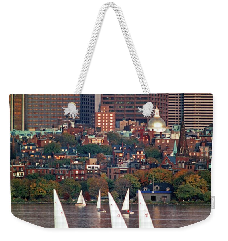 Charles River Weekender Tote Bag featuring the photograph Charles River Sailboats by Nautical Chartworks